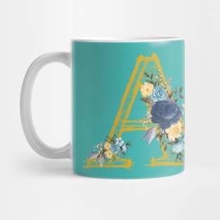 Monogram Letter A In Metallic Gold With Aesthetic Blue Flowers Botany And Verdigris Background Pantone Color Mug